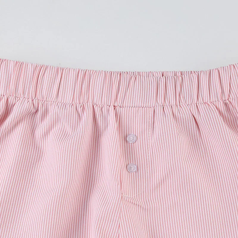 Striped Print Casual Shorts for Women Elastic Waist Fashion Button Bottoms Streetwear Chic Basic Y2K Loose Shorts