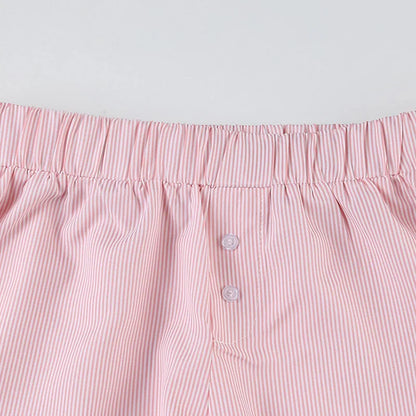 Women's Striped Print Casual Elastic Waist Shorts Y2K Loose Fit Summer Streetwear Chic Basic Fashion Button Detail