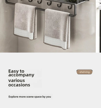 Bathroom storage rack, non perforated washbasin, hand washing and shower area, shower gel wall storage rack