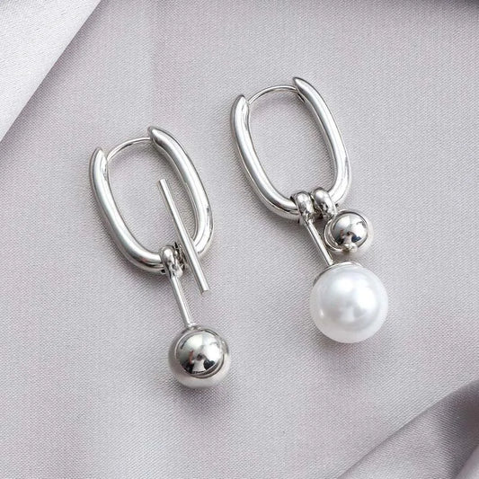 Fashion Metal Pearl U-Shaped Drop Earrings for Women – Minimalist Asymmetric Silver Jewelry