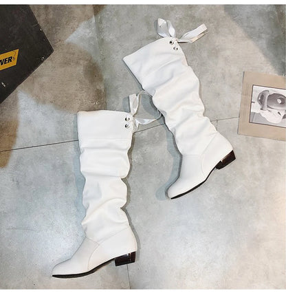 2023أحذية نسائية طويلة حتى الركبة، أحمر وأسود وأبيض، أحذية طويلة نسائية بكعب منخفض، أحذية جلدية كاجوال نسائية طويلة