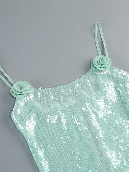 Sequin Sparkly Sexy Mini Dress Sleeveless Backless Tie Up Flower Ruched Prom Dresses Cocktail Evening Gown Wedding Guest Dress