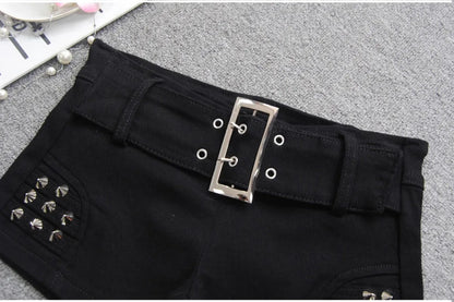 Denim Shorts Women Low-waisted Black Slim Fit Sexy Hot Girls Rivet Belt Design Unique All-match Nightclub Bodycon Summer Y2k