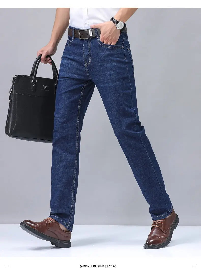 2025 Four Seasons New Men's Denim Business Pants High Quality Good Fabric Comfortable Slimming Straight leg Jeans Light Blue