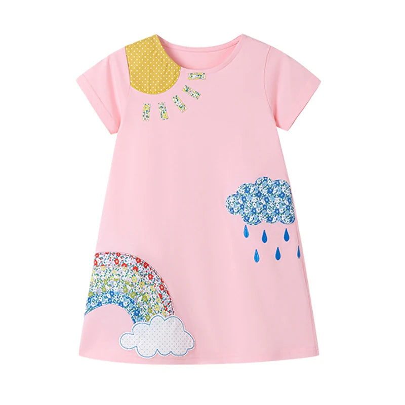 Kids Clothes Baby Girls 2025 New Summer Children's Clothing Cotton Appliques Cartoon Sun Rainbow Pink Dresses Holiday Gifts