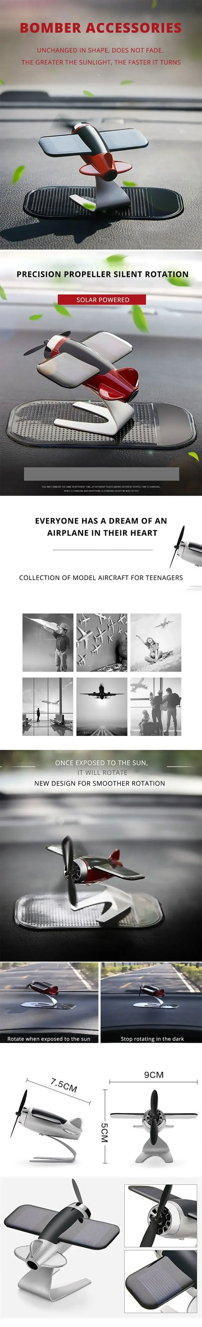 Solar Airplane Creative Men's Car Decoration Car Interior Accessories Desktop Ornament Gift For Woman, Man, Car Enthusiast