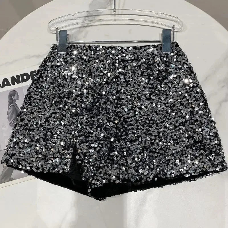 New Autumn Black Velvet Shorts Women Sequined Shiny Versatile Short Pants Clubwear Shorts Hot Pants High Street