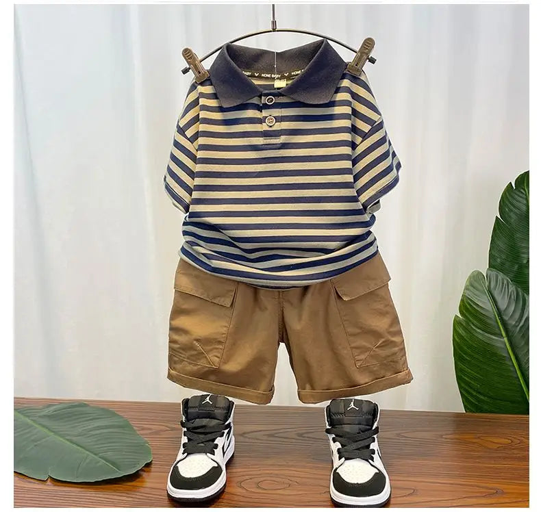 Korean Children's Clothes 2025 Summer Kids Clothes Boys Outfits Baby Thin Short Sleeves Stripe Polo Shirt +Shorts Two Pieces Set