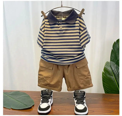Korean Children's Clothes 2025 Summer Kids Clothes Boys Outfits Baby Thin Short Sleeves Stripe Polo Shirt +Shorts Two Pieces Set