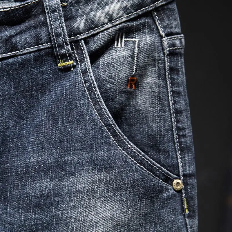 American Elastic Straight Jeans Men Ripped Worn-out Slim-fit Cotton Denim Pants Korean Style Fashion Blue Black Men's Clothing