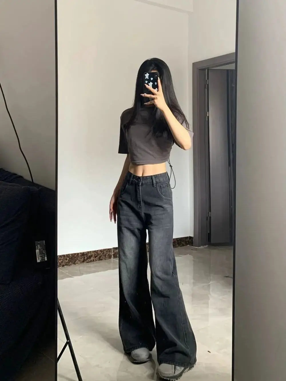 Korean Vintage High Waist Women's Jeans Y2K Slimming Pear-Shaped Loose Straight Bell Bottoms Black Gray Baggy Denim Trousers