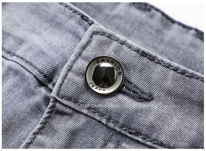 2024 Brand Thin or Thick Material Men's Elastic Cotton Jeans Fashion Gray Comfortable Denim Business Casual High Waist Pants