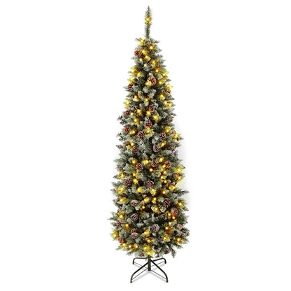 6.5/7.5 Ft Pre-Decorated Pencil Christmas Tree Pre-Lit Holiday Tree with Clear Lights Collapsible for Easy Storage Pinecones 699