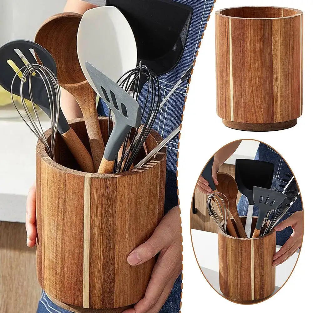 Kitchen Counter Cutlery Box Wooden circular Cooking Tool Rack Round Spatula Storage and Sorting Box Storage Bucket