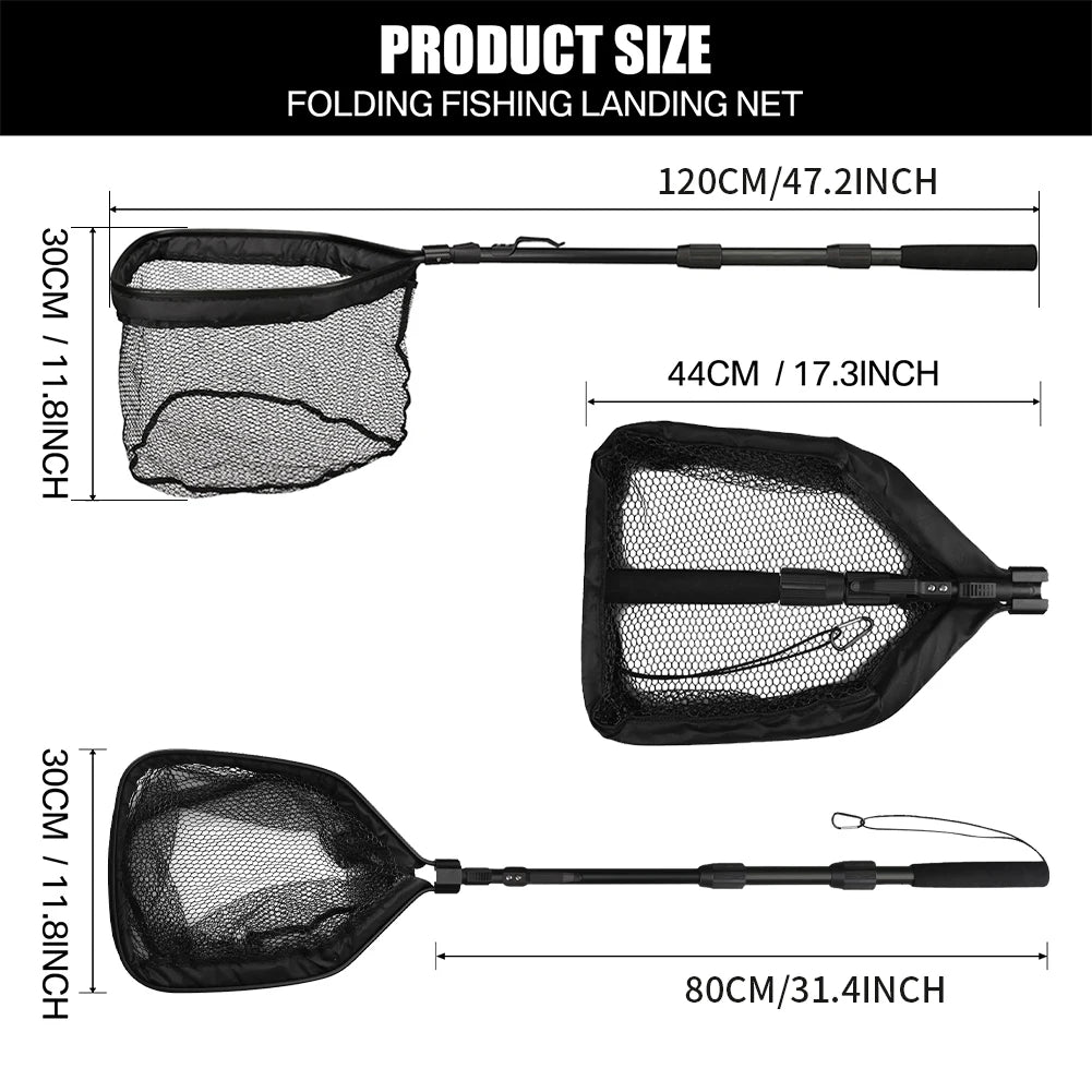 Fishing Landing Net Aluminum Alloy Durable Telescoping Extend to 190cm/130cm/55cm Folding Mesh Safe Fish Catching Releasing