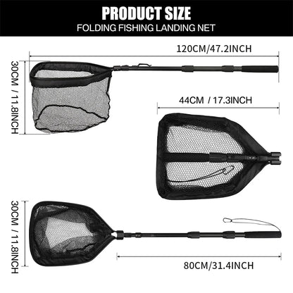 Fishing Landing Net Aluminum Alloy Durable Telescoping Extend to 190cm/130cm/55cm Folding Mesh Safe Fish Catching Releasing