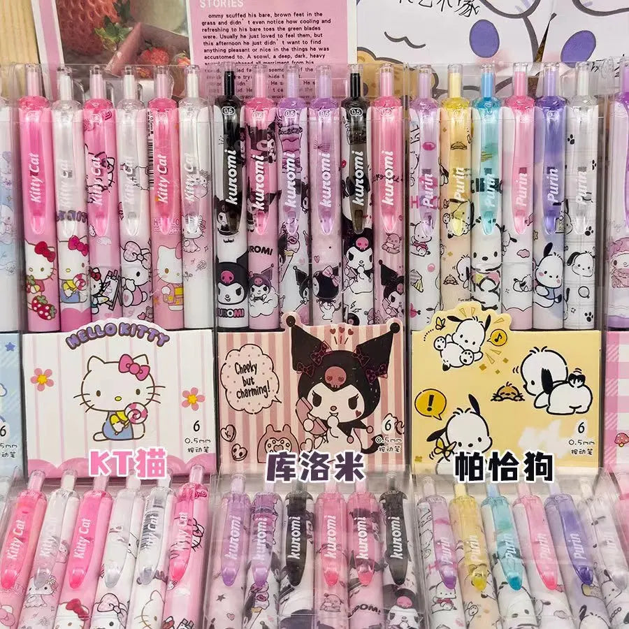 6pcs Cartoon Kuromi Writing Pen Kawaii Hello Kitty Cinnamoroll Melody 0.5mm Quick Drying ST Gel Pen Student School Stationery