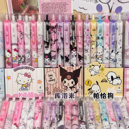 6pcs Cartoon Kuromi Writing Pen Kawaii Hello Kitty Cinnamoroll Melody 0.5mm Quick Drying ST Gel Pen Student School Stationery