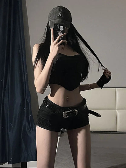 Denim Mini Shorts Women New European Style Trendy Summer Temperament Trousers Popular Button Sexy Sheath Night Club Slim Street