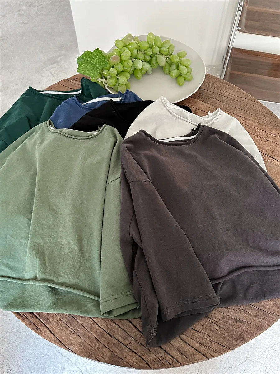 Korean Children's Clothes 2025 Kids Boys 0-3Y Baby Girls Cotton Solid Color Long Sleeve Loose Fit Base Layer Soft Wear Top