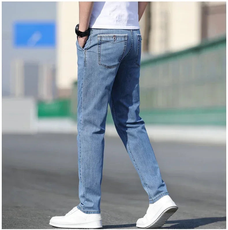 KUBRO 2024 Summer New Men's Loose Stretch Gray Jeans Fashion Casual Stretch Straight-leg Denim Pants Male Light Blue Brand
