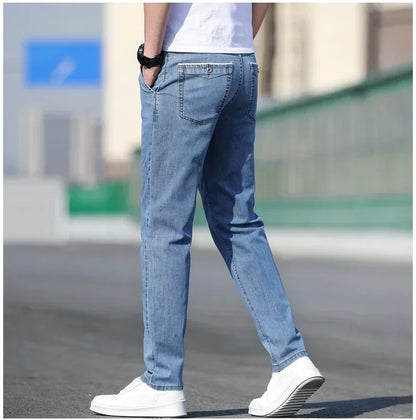 KUBRO 2024 Summer New Men's Loose Stretch Gray Jeans Fashion Casual Stretch Straight-leg Denim Pants Male Light Blue Brand