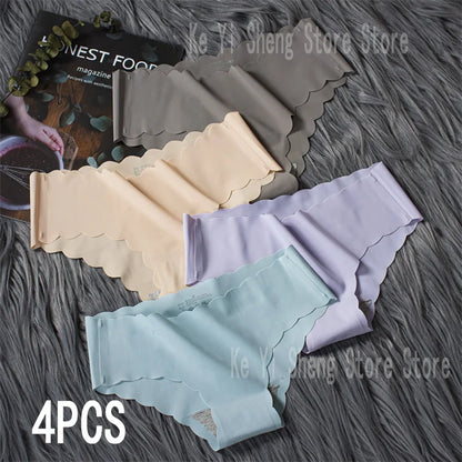 4 pieces of seamless underwear for women, breathable, simple, thin, close-fitting, invisible wavy triangle pants for women