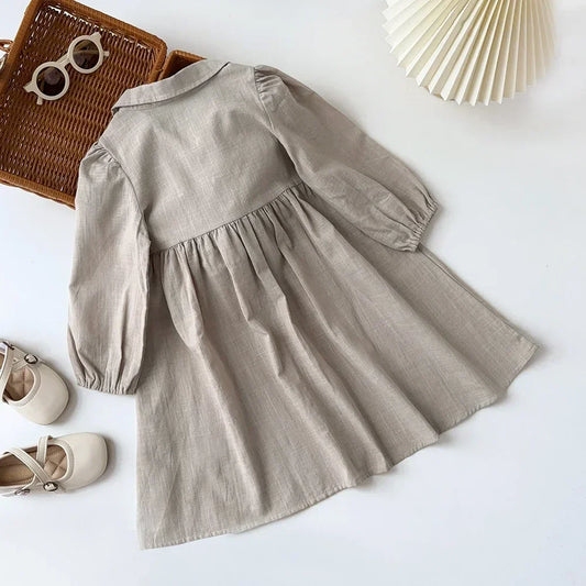 Kids Dresses for Girls Solid Color Minimalist Shirt Dresses 100% Cotton Pleated Single Breasted Khaki Color Dress Kids Clothes