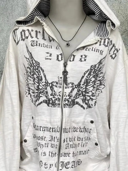 Grunge 2024 Print Slim Waist Y2k Hoodies Hooded Zip up Sweatshirts Vintage Women Clothing Long Sleeve Tops Casual Fashion