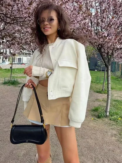 TRAF Woman Bomber Jacket Coat White Autumn Winter Button Baseball Aviator Cropped Jackets for Women Long Sleeve Crop Outerwear