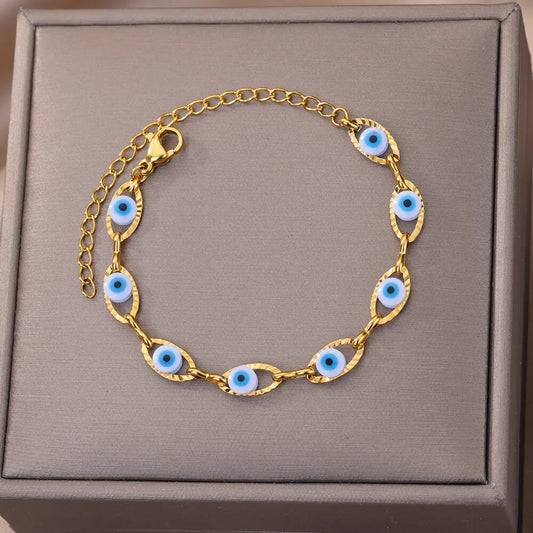 Gothic Rainbow Evil Eye Bracelet – Stainless Steel Gold Turkish Charm Jewelry