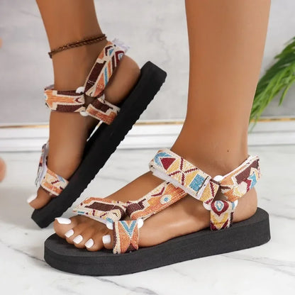 Women's Shoes 2025 Open Toe Women's Sandals Summer Bohemian Mixed Color Soft Sole Lightweight Casual Comfortable Flat Sandals