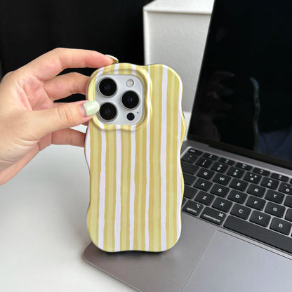 Fashion Simple Green Yellow Stripes Wavy Edges 2-in-1 Glossy Soft Protective Phone Case Cover for iPhone 16 15 14 13 12 Pro Max