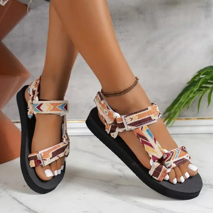 Women's Shoes 2025 Open Toe Women's Sandals Summer Bohemian Mixed Color Soft Sole Lightweight Casual Comfortable Flat Sandals
