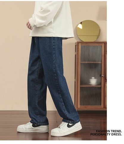 2023 New Korean Fashion Men's Casual Ankle-Length Jeans Classic Man Straight Denim Wide-leg Pants Light Blue Grey Black 3XL
