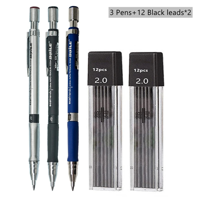 Mechanical Pencil Set 2.0 mm with 2B Black/Colors Lead Refill For Writing Sketching Art Drawing Painting School Automatic Pencil