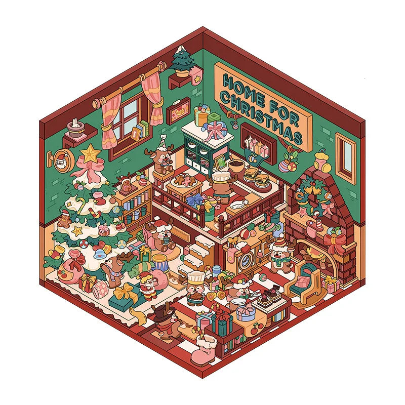 Christmas Theme DIY 3D Sticker Cartoon Pocket Cabin Scene Stacking and Pasting Festival Birthday Gift for Kid Child Student