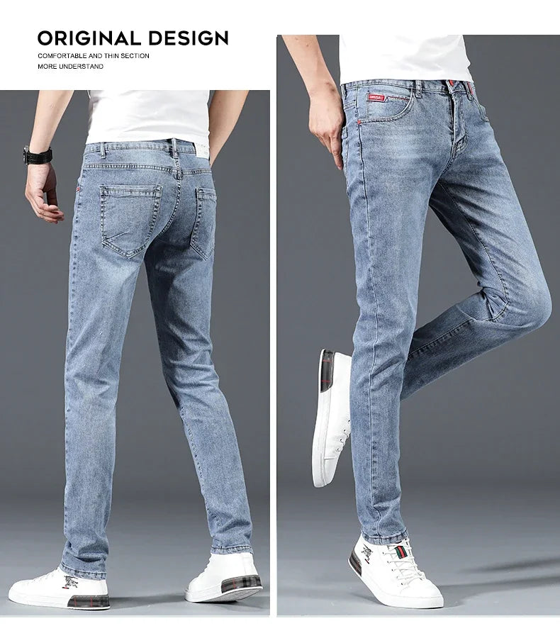 2024 New Men's Cotton Business Casual Skinny Jeans Trendy Fashionable Stretch Straight Slim Denim Trousers Male Blue Grey