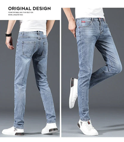 2024 New Men's Cotton Business Casual Skinny Jeans Trendy Fashionable Stretch Straight Slim Denim Trousers Male Blue Grey