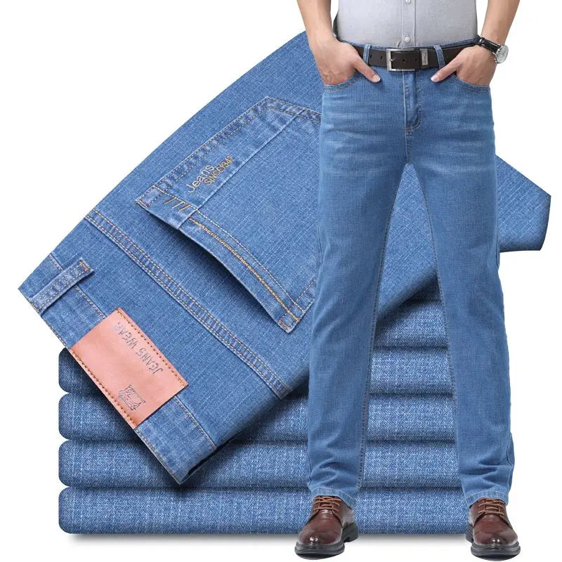 2025 Four Seasons New Men's Denim Business Pants High Quality Good Fabric Comfortable Slimming Straight leg Jeans Light Blue