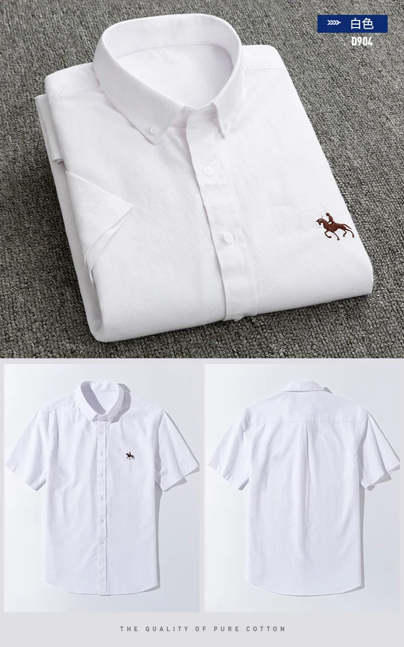100% Pure Cotton Oxford Shirt For Men’s Short Sleeve Solid Stripe Leisure Embroidered Horse Social Business Formal Dress Shirts