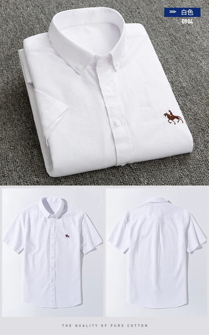 100% Pure Cotton Oxford Shirt For Men’s Short Sleeve Solid Stripe Leisure Embroidered Horse Social Business Formal Dress Shirts