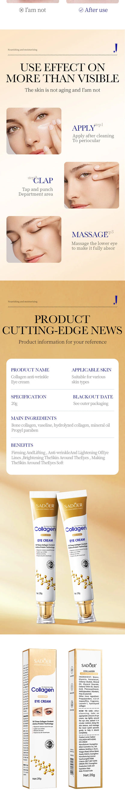 SADOER Collagen Eye Cream skincare Anti Dark Circles Eye Bags Firming Moisturizing skincare Eyes Cream Skin Care for Eyes