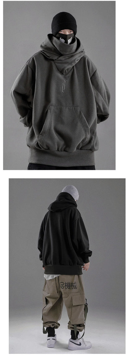 Embroidery Turtleneck Sweatshirt For Men Japanese Ninja Hoodies Autumn Hip Hop Fleece Pocket Streetwear Oversized Y2K Hoody
