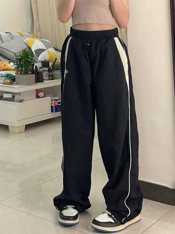 Women Spring Retro Solid Loose Drawstring Trousers Casual Joggers Baggy Wide Leg Sweatpants Mid Waist Sporty Y2k Female Clothes