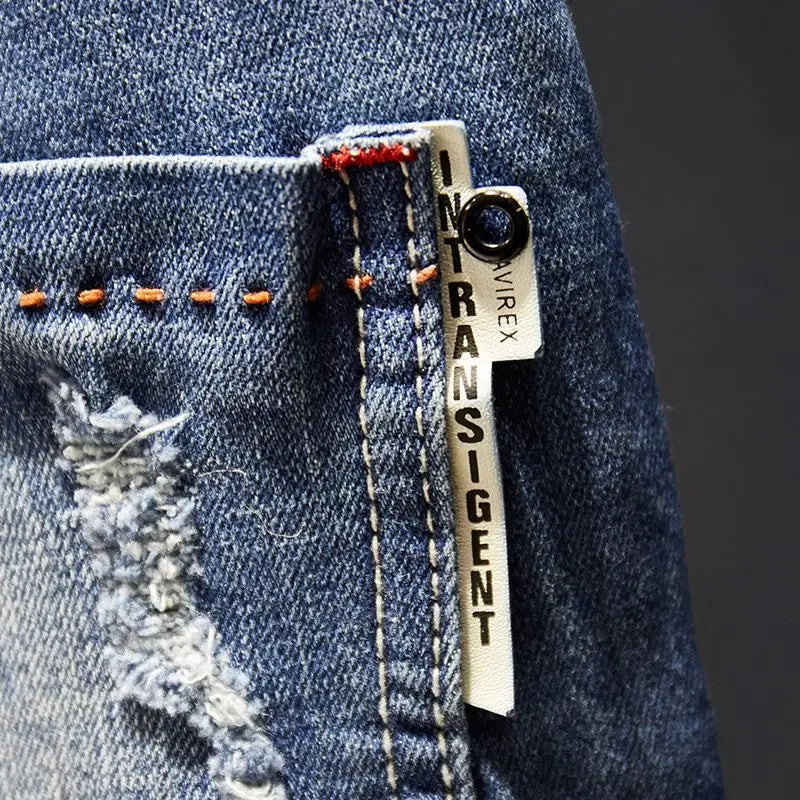 American Elastic Straight Jeans Men Ripped Worn-out Slim-fit Cotton Denim Pants Korean Style Fashion Blue Black Men's Clothing