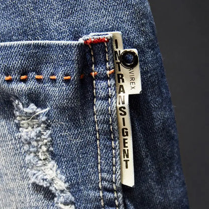American Elastic Straight Jeans Men Ripped Worn-out Slim-fit Cotton Denim Pants Korean Style Fashion Blue Black Men's Clothing