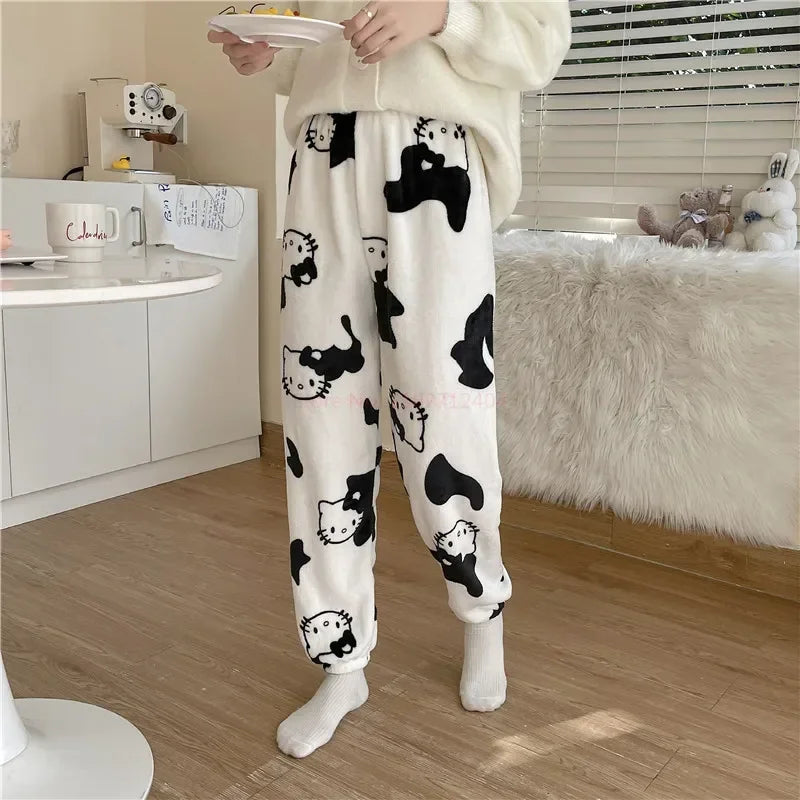 2024 Sanrio Hello Kitty Pajamas Halloween Flannel Fashion Trouserswomen Kawaii Woolen Anime Cartoon Casual Home Pants Autumn