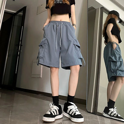 ZOKI Women High Waist Cargo Shorts American Style Streetwear Summer Wide Leg Pants Fashion Female Big Pocket Loose Shorts New