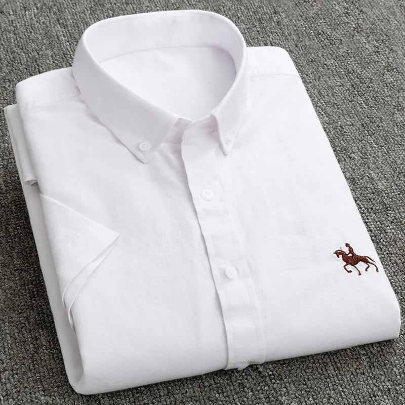 100% Pure Cotton Oxford Shirt For Men’s Short Sleeve Solid Stripe Leisure Embroidered Horse Social Business Formal Dress Shirts